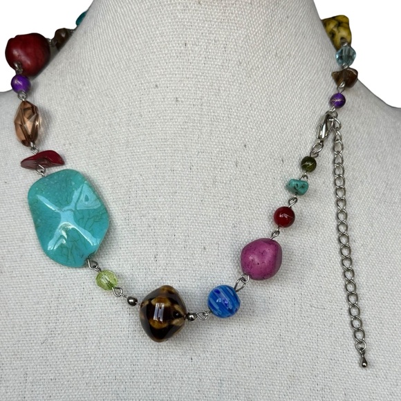 Vintage Multicolor Beaded Necklace Statement Art Glass Turquoise Boho Chunky - Picture 4 of 6